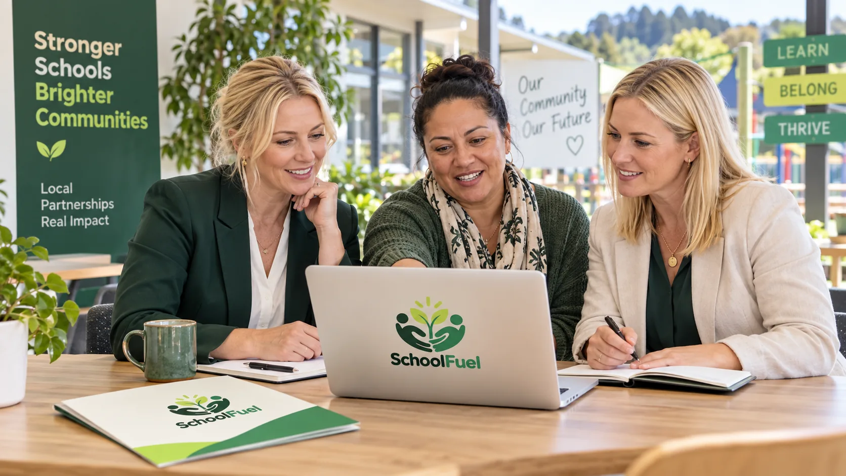Two blonde local businesswomen reviewing a SchoolFuel opportunity with a school community representative
