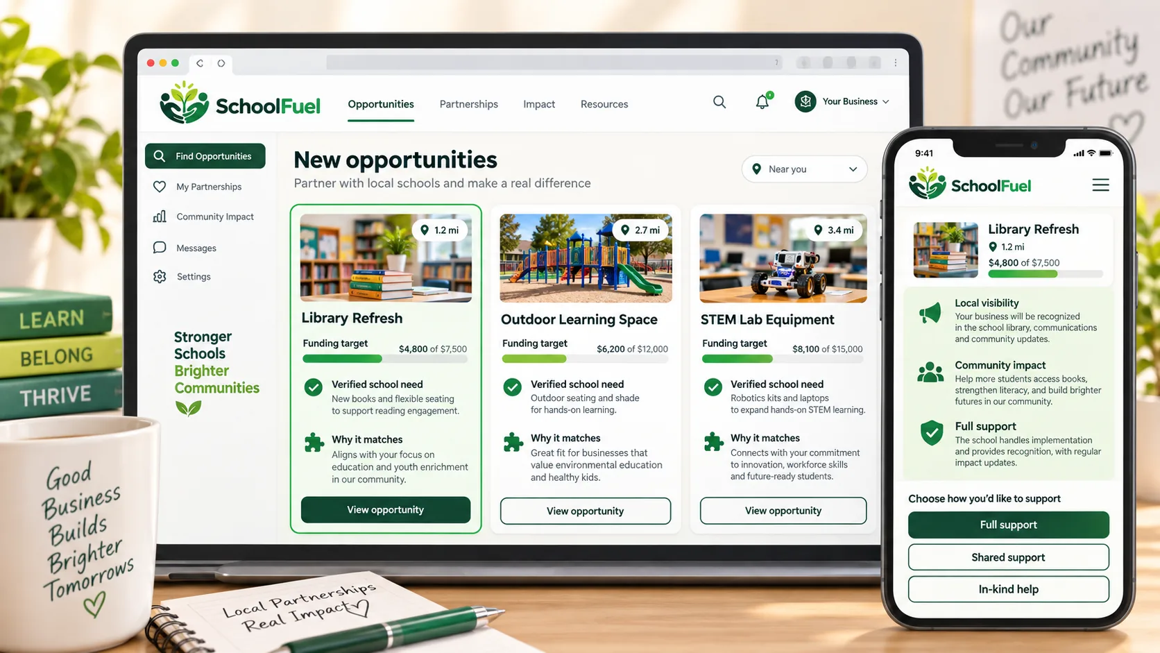 SchoolFuel platform presenting a verified school opportunity to a local business