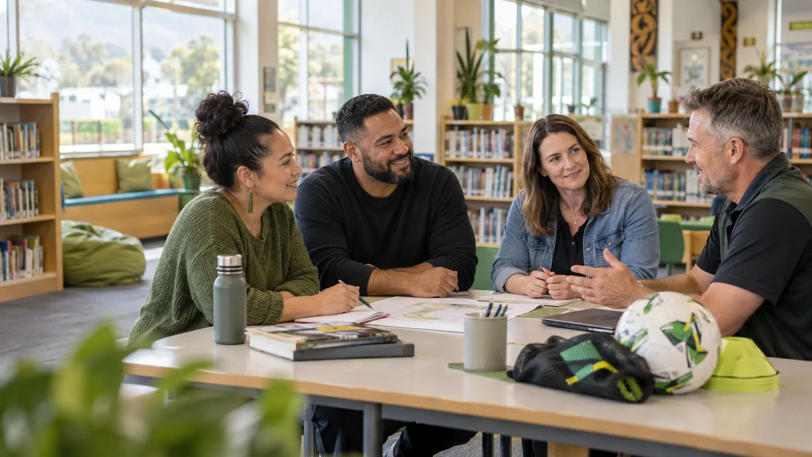 New Zealand school parent volunteers and a local business owner planning support in a school library