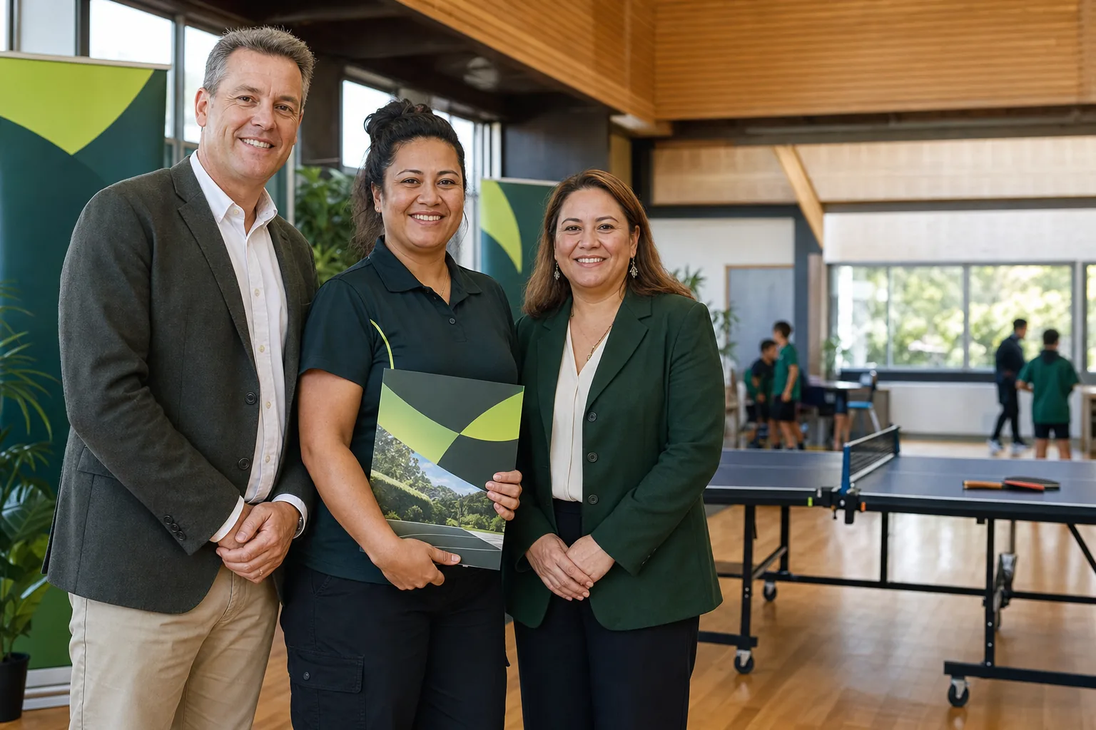 A local business owner, parent-group representative and school leader proudly celebrating a completed table tennis initiative