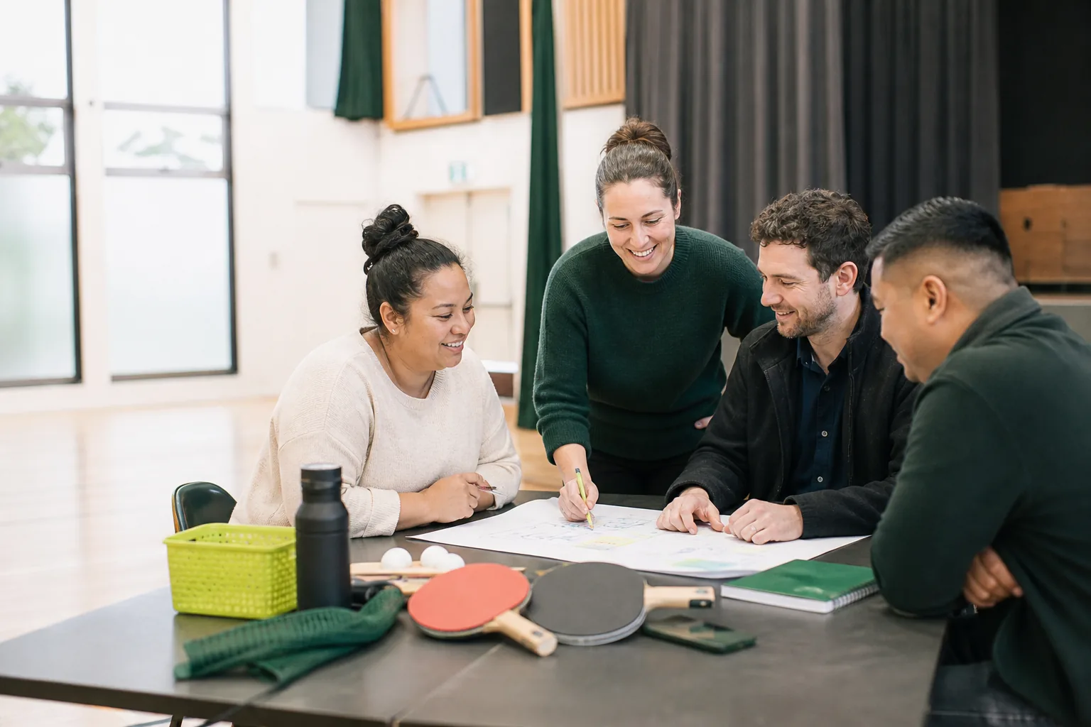 Parent volunteers, a teacher and a local business owner planning support for their school community