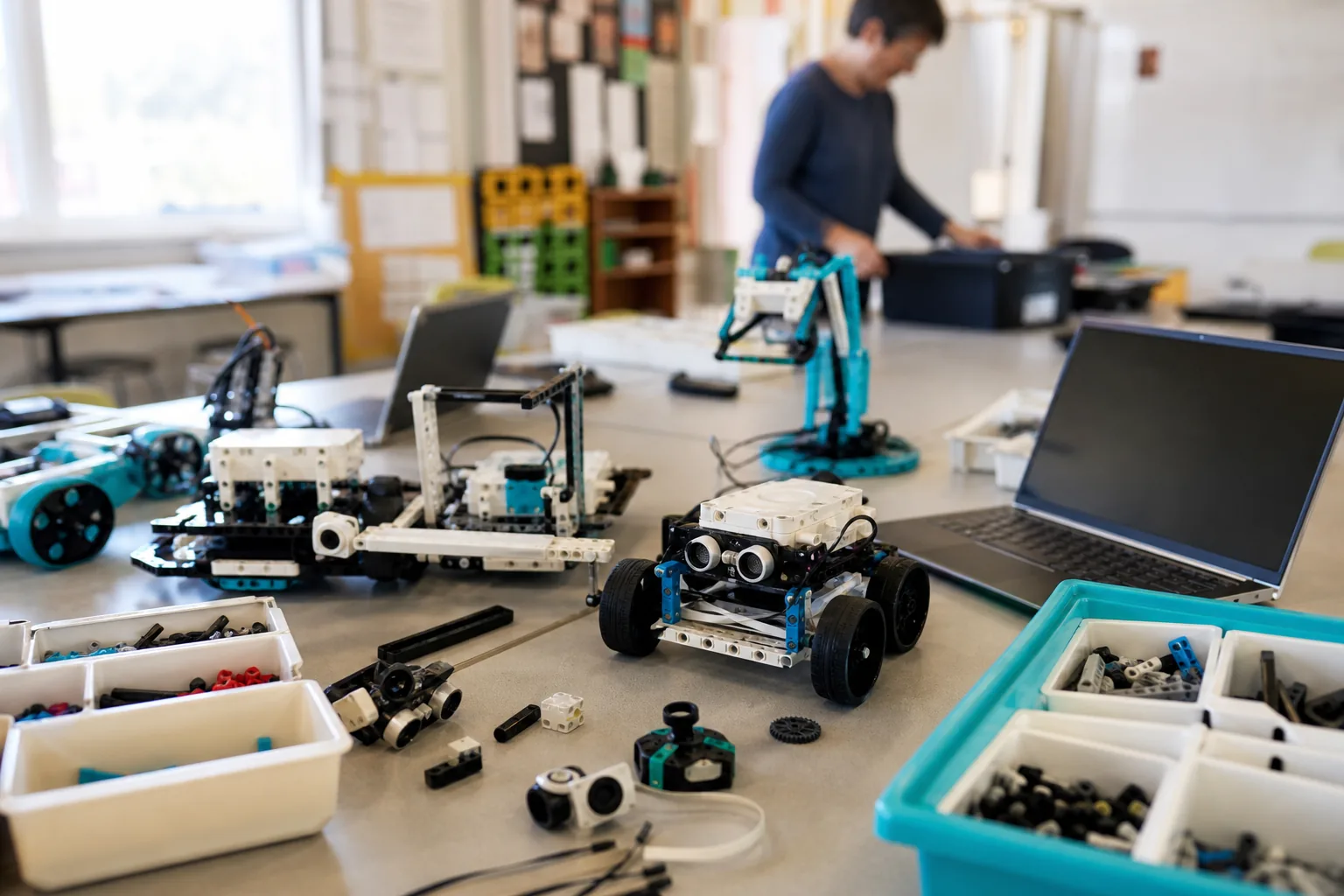 Educational robotics kits on a classroom workbench