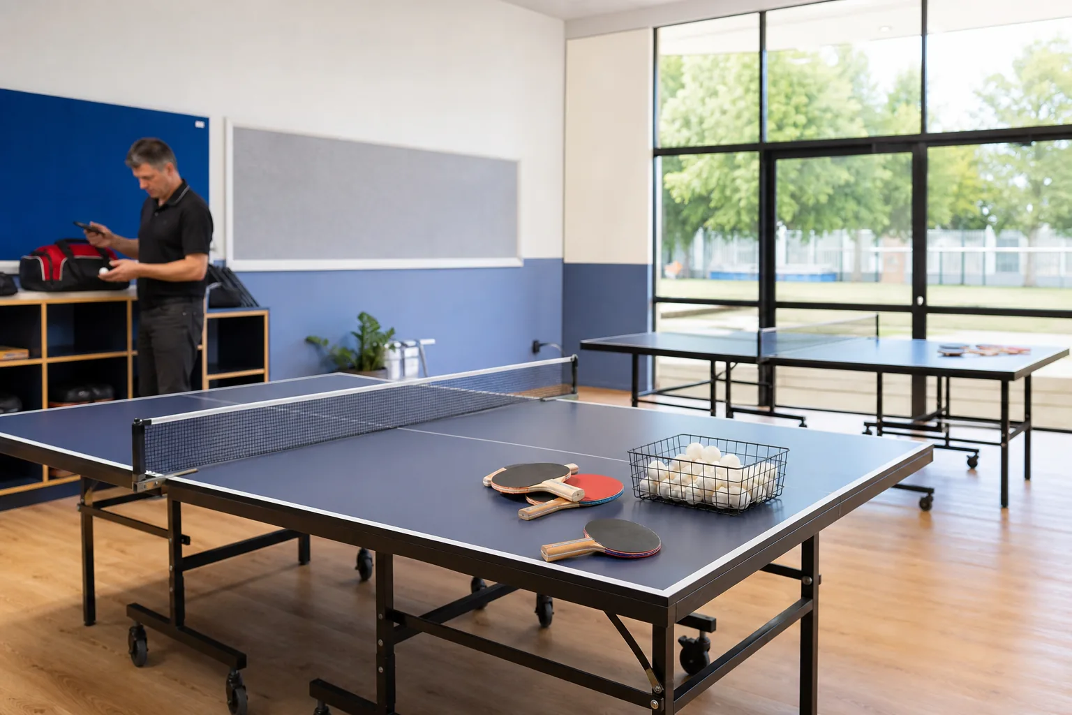New table tennis equipment in a school recreation room
