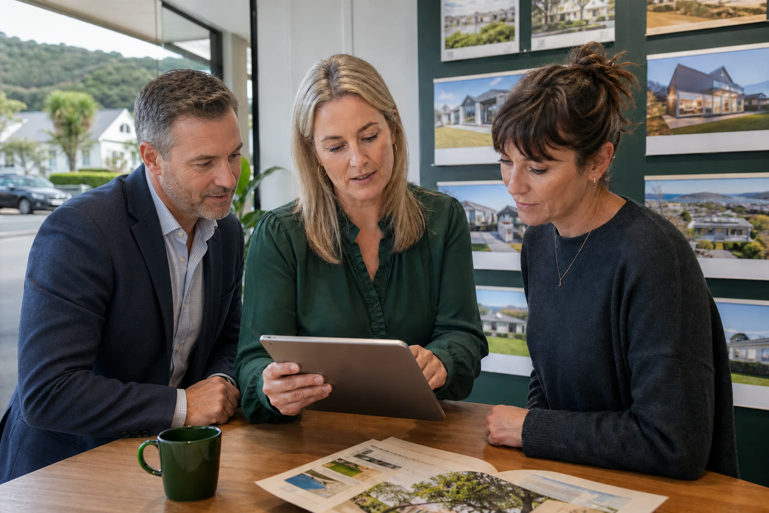 Three local real estate agents, including a 50-year-old male agent, reviewing a nearby school opportunity
