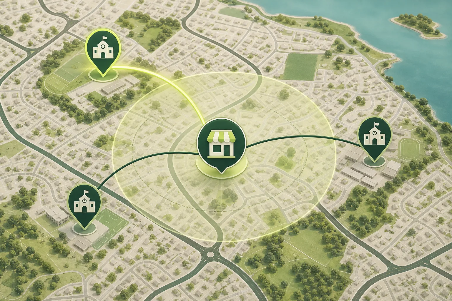 Conceptual local map connecting one business with three nearby school opportunities