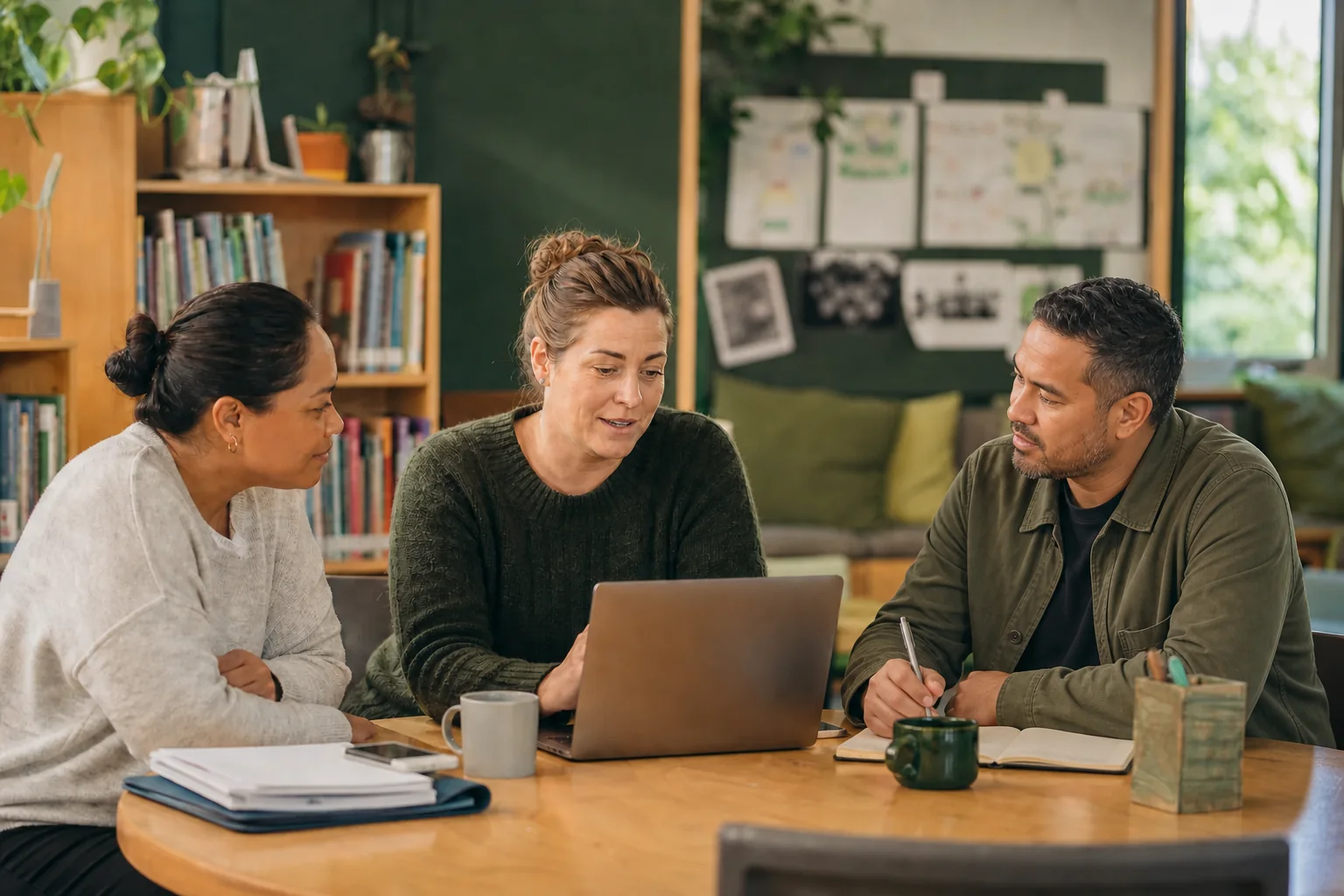 A mixed group of parent volunteers shaping a school funding request together